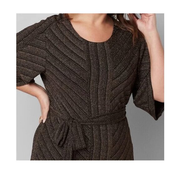 LANE BRYANT UEC Womens Size 14/16 Metallic Belted Fit & Flare Dress Black Copper - Picture 2 of 13